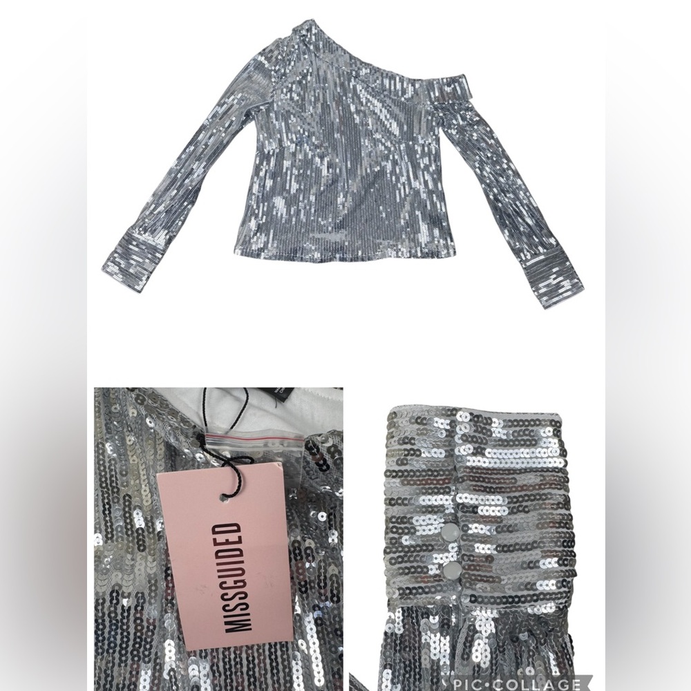 NWT Missguided Silver Sequin One Shoulder Deep Cuff Top Long Sleeve US 4 NYE